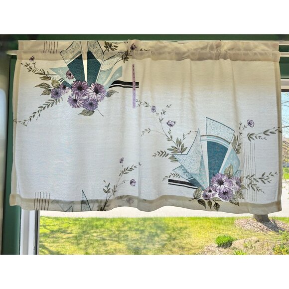 Vintage 1950s curtain, cream, purple blue floral abstract pattern, single panel - Picture 1 of 9